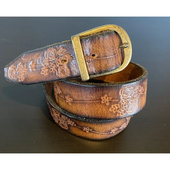 Vintage Western Belt Hand Tooled Floral Decorated Leather Size 30 Boho Brass - Picture 1 of 4